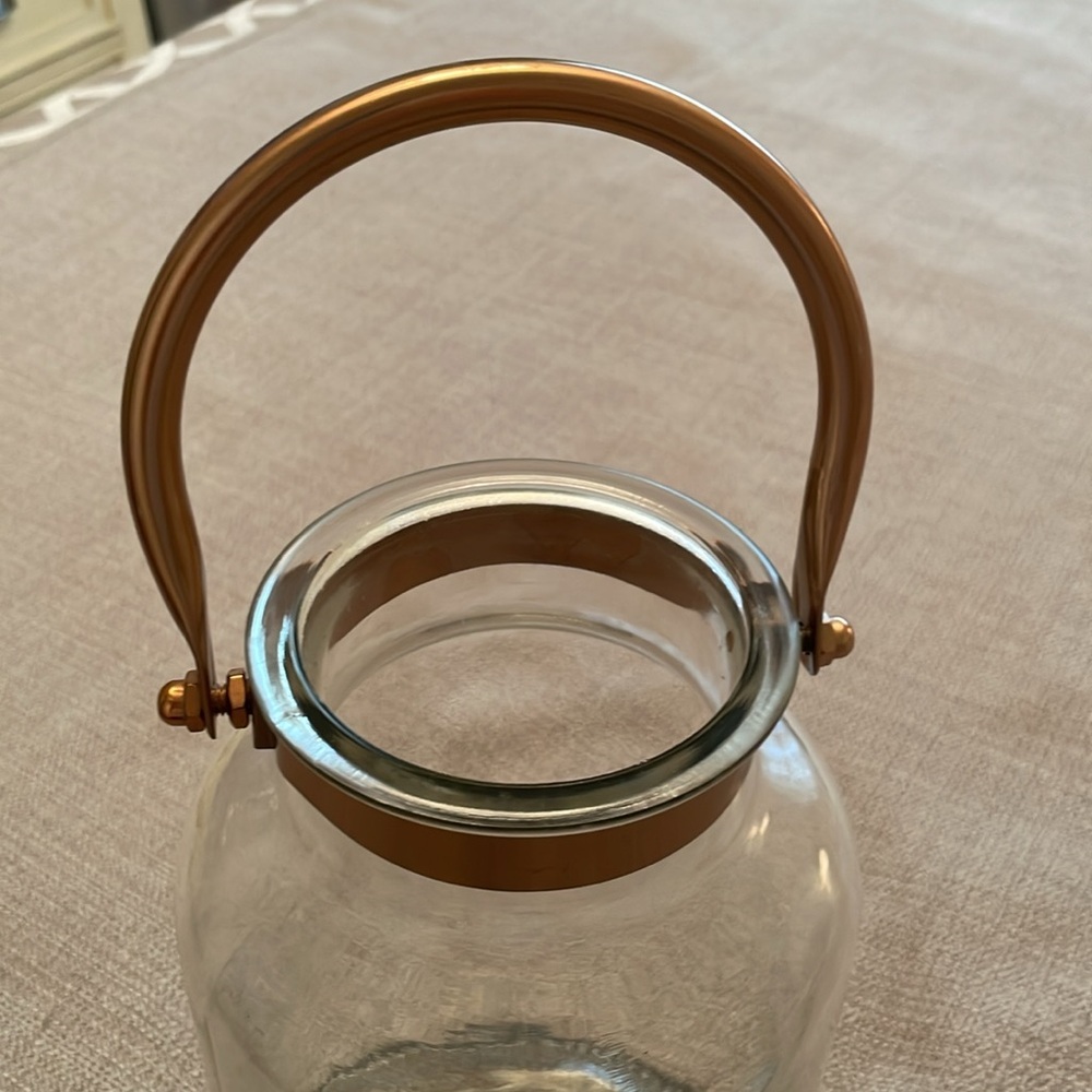 Large Unique Clear Glass Vase or Lantern with Rose Gold Copper Like Handle - Picture 10 of 12
